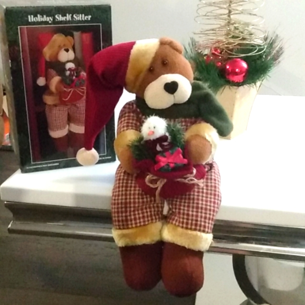 Classic Holiday Shelf Sitter Plush Teddy Bear with Santa Hat & Sack 17" Long